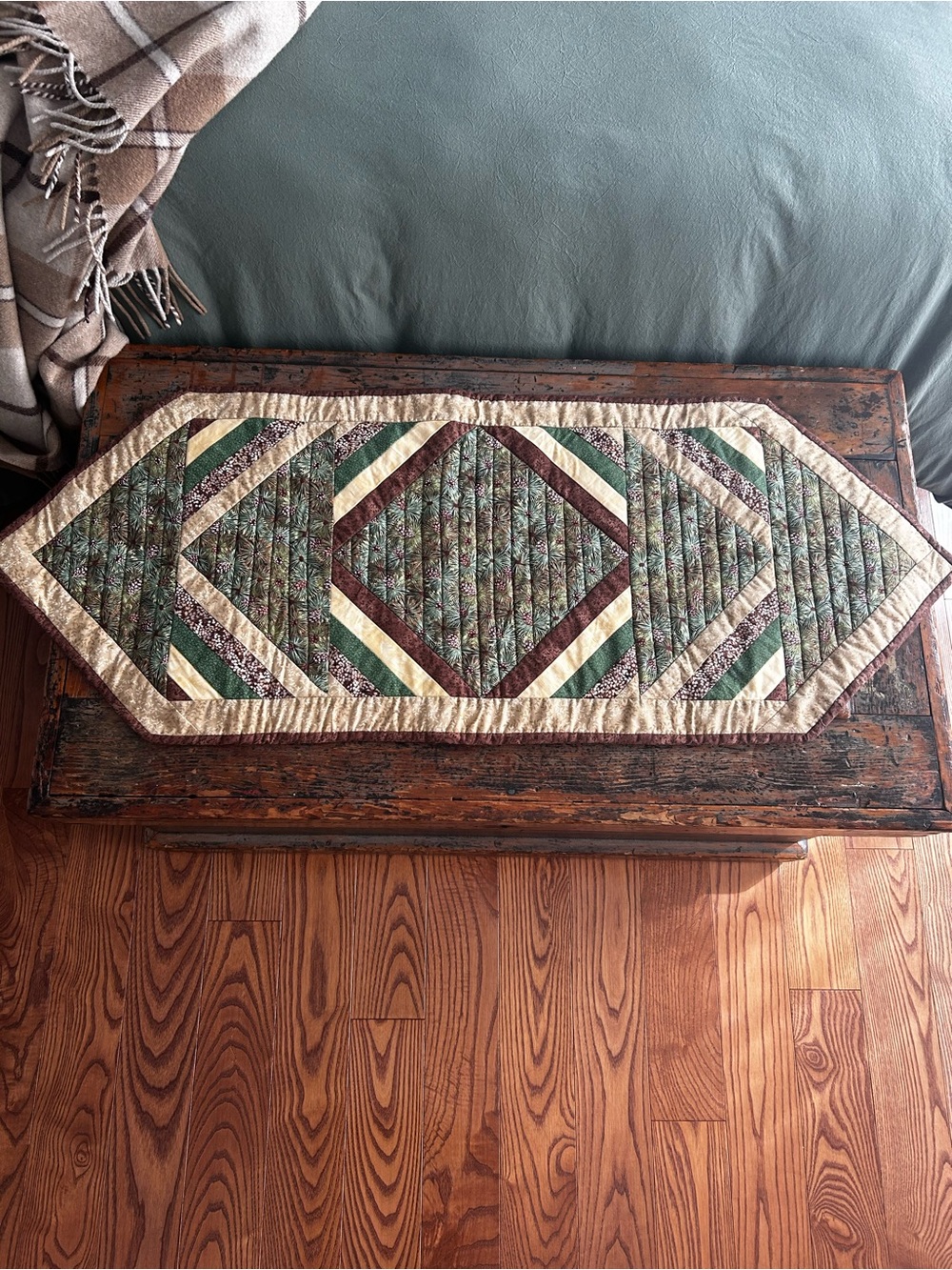 Gorgeous One of a Kind Handmade Quilted Table Runner - Green and Cream
